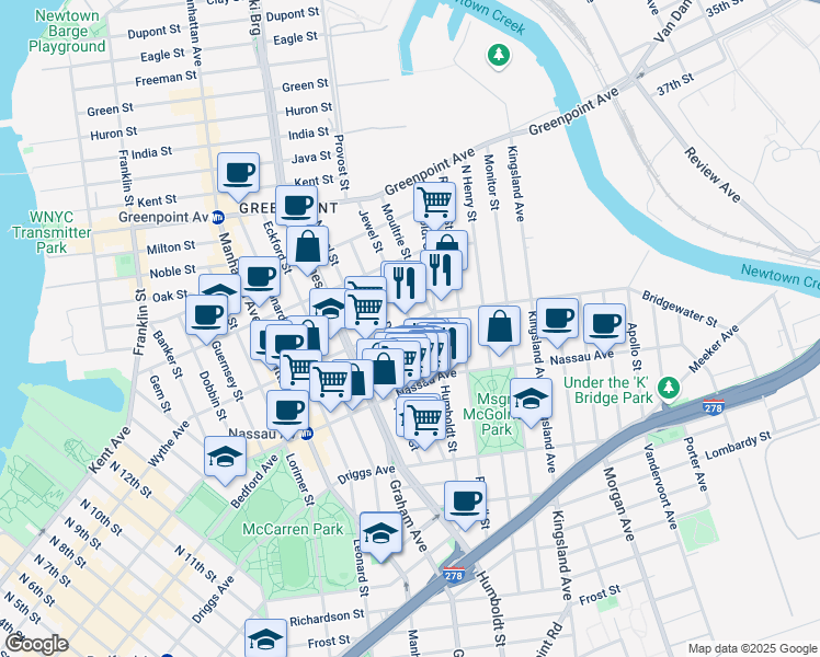 map of restaurants, bars, coffee shops, grocery stores, and more near 108A Diamond Street in Brooklyn