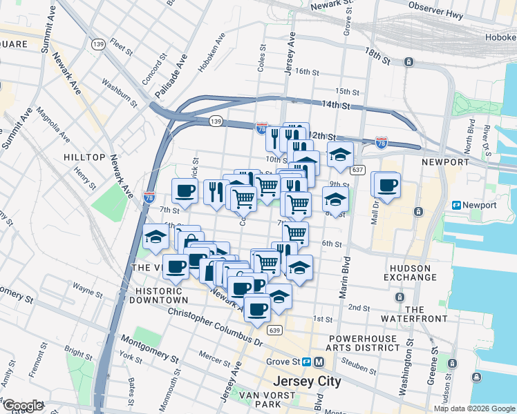 map of restaurants, bars, coffee shops, grocery stores, and more near 285 8th Street in Jersey City