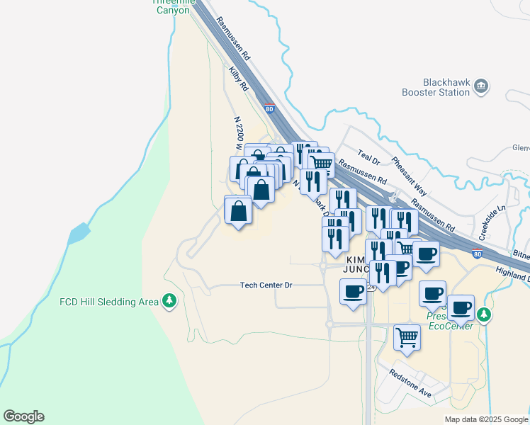 map of restaurants, bars, coffee shops, grocery stores, and more near 6543 N Landmark Dr in Park City