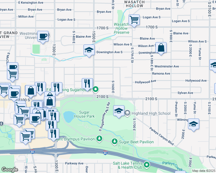 map of restaurants, bars, coffee shops, grocery stores, and more near 1564 Redondo Avenue South in Salt Lake City