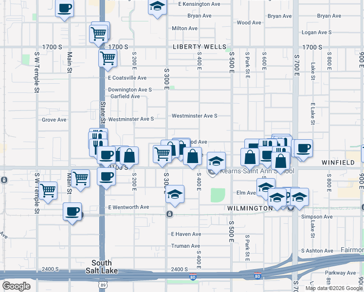 map of restaurants, bars, coffee shops, grocery stores, and more near 363 Redondo Avenue in Salt Lake City