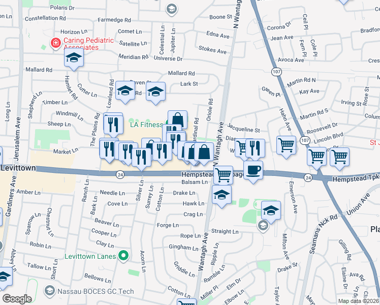 map of restaurants, bars, coffee shops, grocery stores, and more near 3683 Hawk Road in Levittown