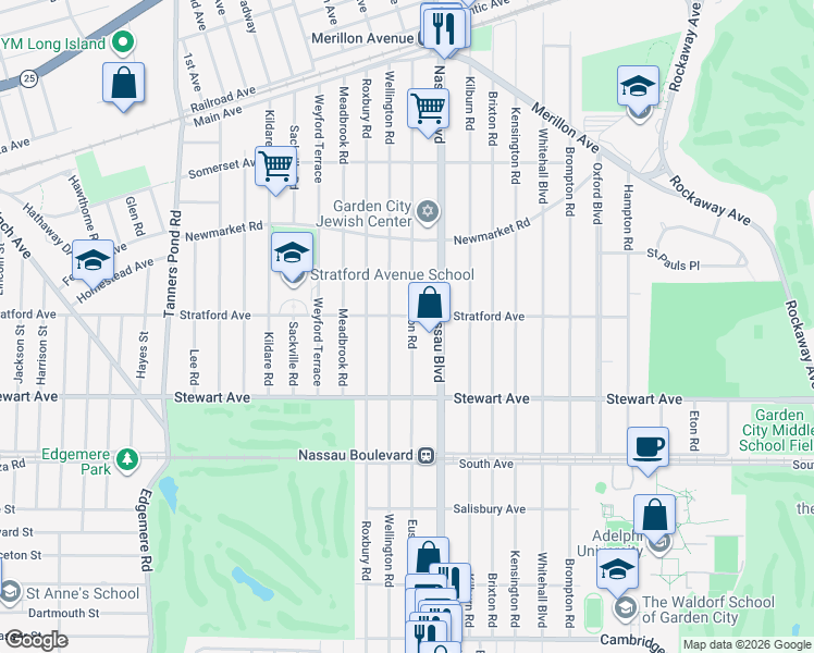 map of restaurants, bars, coffee shops, grocery stores, and more near 120 Euston Road in Garden City