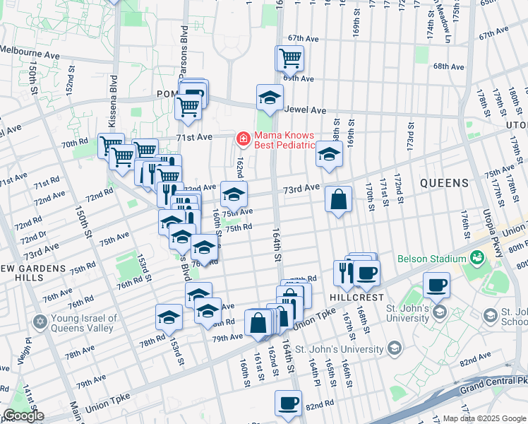map of restaurants, bars, coffee shops, grocery stores, and more near 73-18 164th Street in Queens