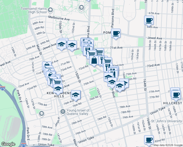 map of restaurants, bars, coffee shops, grocery stores, and more near 150-45 73rd Avenue in Queens