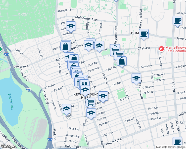 map of restaurants, bars, coffee shops, grocery stores, and more near 144-52 72nd Road in Queens