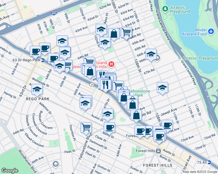 map of restaurants, bars, coffee shops, grocery stores, and more near in Queens