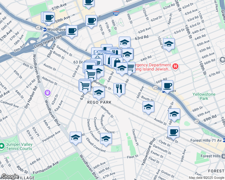 map of restaurants, bars, coffee shops, grocery stores, and more near 64-86 Wetherole Street in Queens