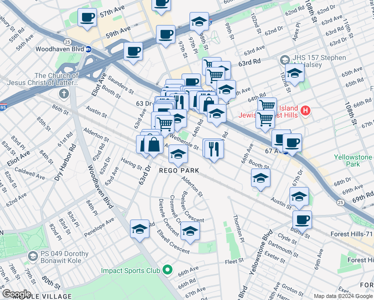 map of restaurants, bars, coffee shops, grocery stores, and more near 64-35 Austin Street in Queens