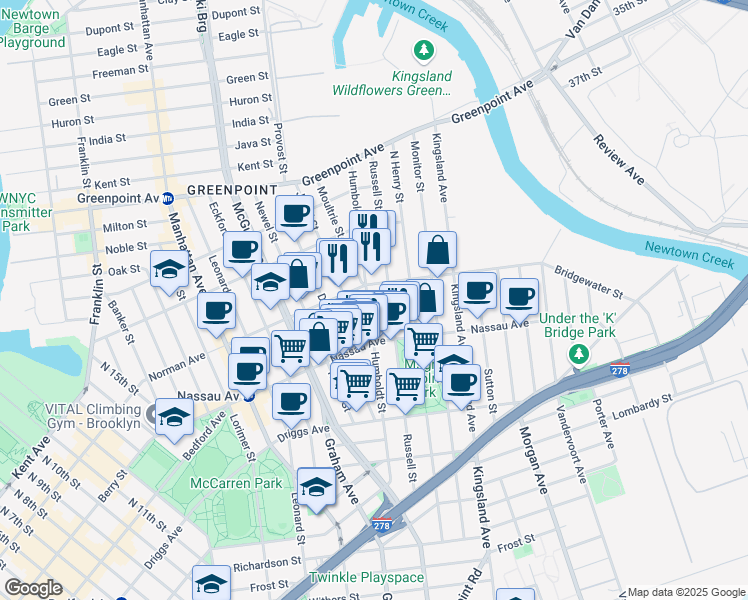 map of restaurants, bars, coffee shops, grocery stores, and more near 720 Humboldt Street in Brooklyn