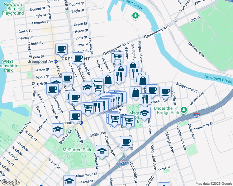 map of restaurants, bars, coffee shops, grocery stores, and more near 720 Humboldt Street in Brooklyn