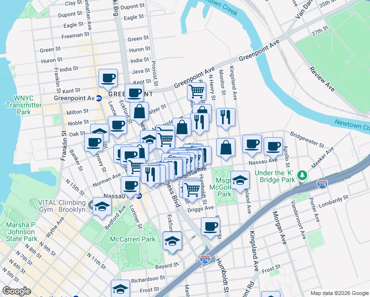 map of restaurants, bars, coffee shops, grocery stores, and more near 108A Diamond Street in Brooklyn