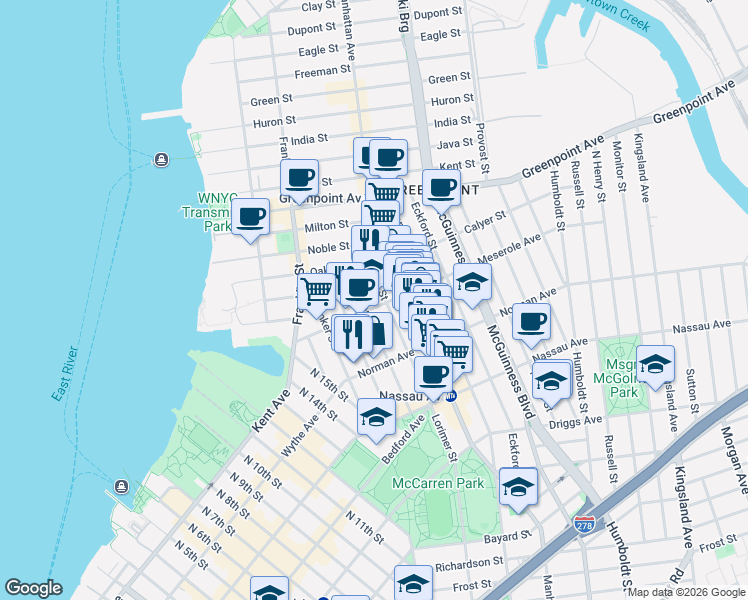 map of restaurants, bars, coffee shops, grocery stores, and more near 73 Meserole Avenue in Brooklyn