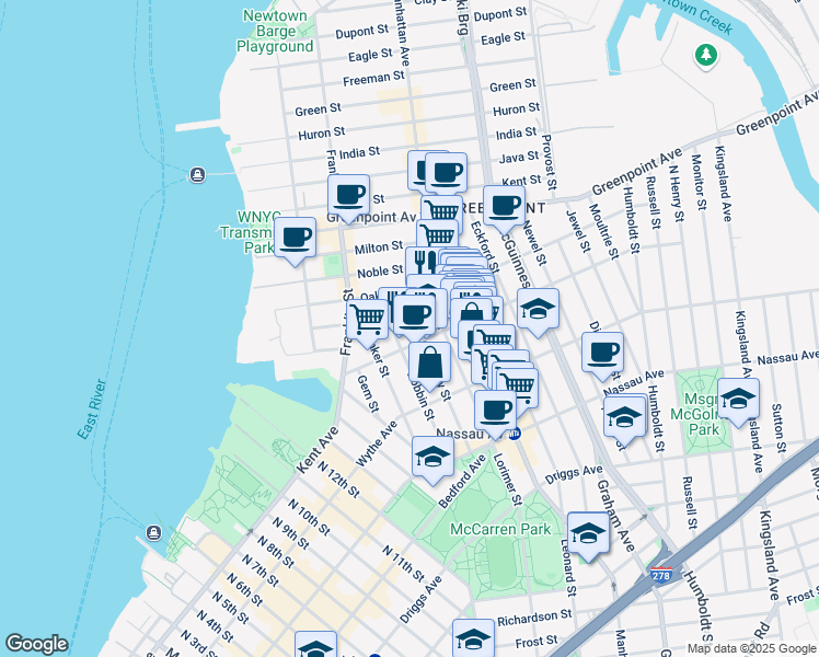map of restaurants, bars, coffee shops, grocery stores, and more near 73 Meserole Avenue in Brooklyn