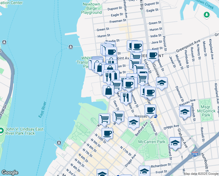 map of restaurants, bars, coffee shops, grocery stores, and more near 61 Franklin Street in Brooklyn
