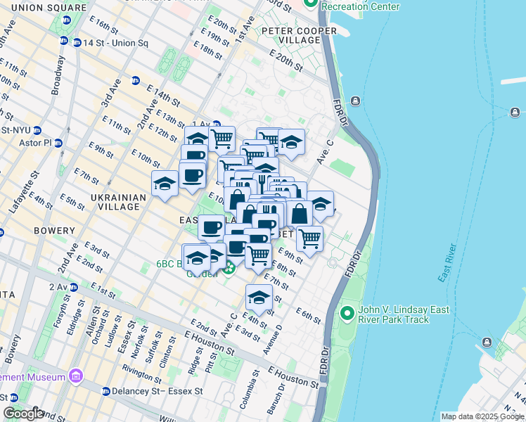 map of restaurants, bars, coffee shops, grocery stores, and more near 375 East 10th Street in New York