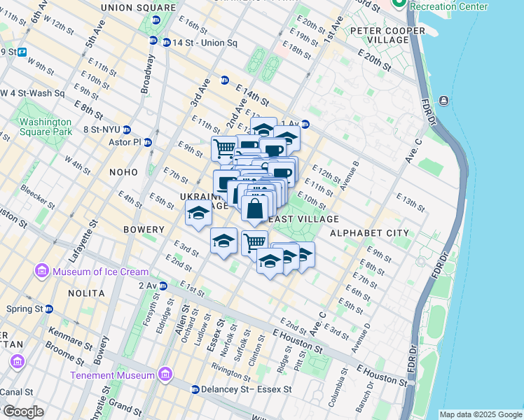 map of restaurants, bars, coffee shops, grocery stores, and more near 113 East 7th Street in New York
