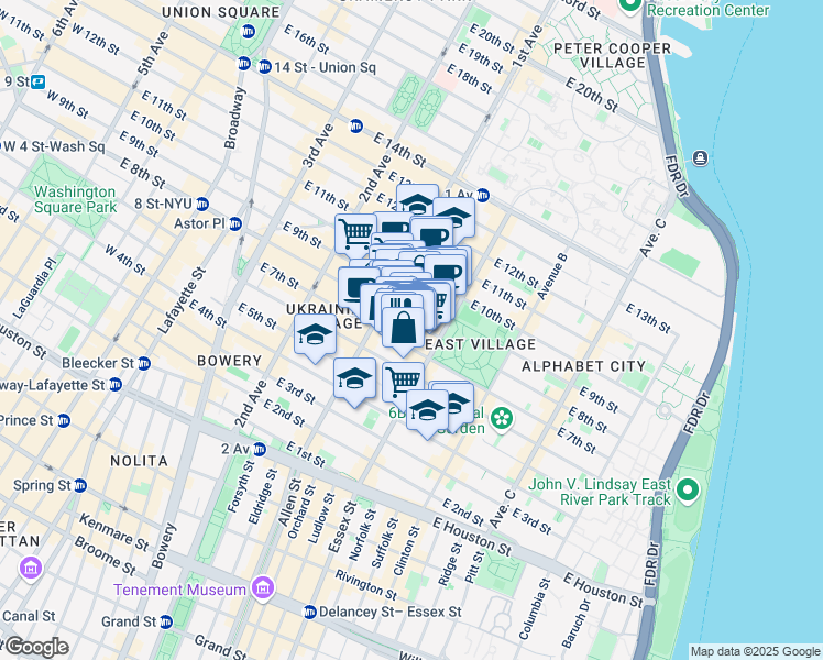 map of restaurants, bars, coffee shops, grocery stores, and more near 113 East 7th Street in New York