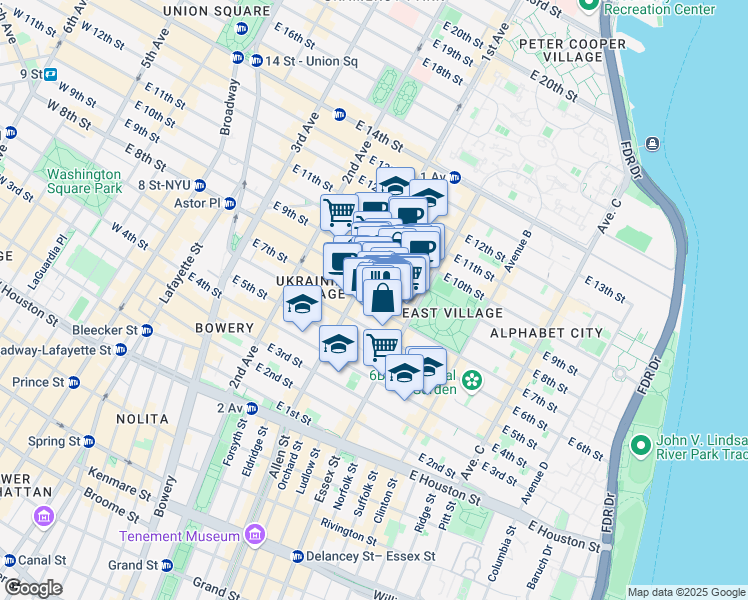 map of restaurants, bars, coffee shops, grocery stores, and more near 113 East 7th Street in New York