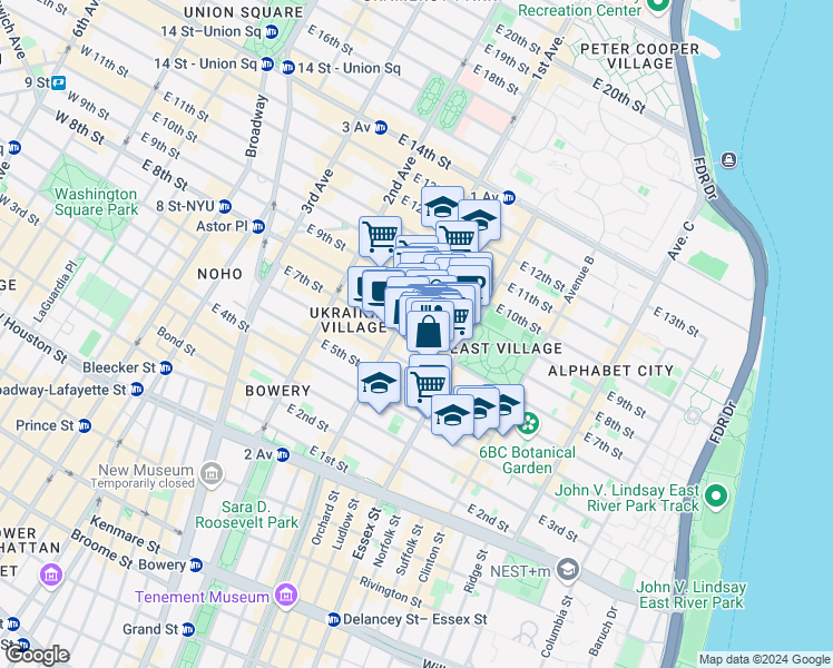 map of restaurants, bars, coffee shops, grocery stores, and more near 113 East 7th Street in New York