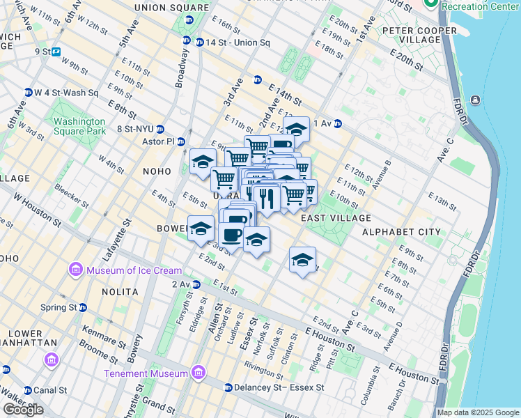 map of restaurants, bars, coffee shops, grocery stores, and more near 117 1st Avenue in New York