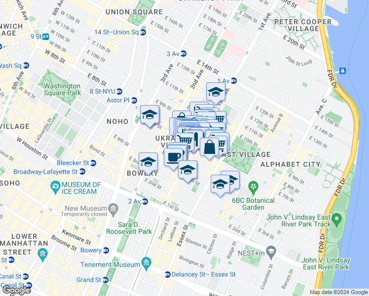 map of restaurants, bars, coffee shops, grocery stores, and more near 117 1st Avenue in New York