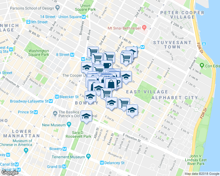 map of restaurants, bars, coffee shops, grocery stores, and more near 331 East 5th Street in New York