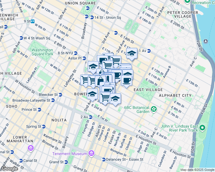 map of restaurants, bars, coffee shops, grocery stores, and more near 331 East 5th Street in New York