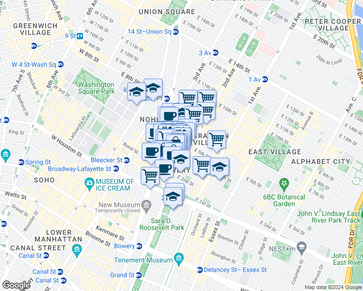 map of restaurants, bars, coffee shops, grocery stores, and more near 66 East 4th Street in New York