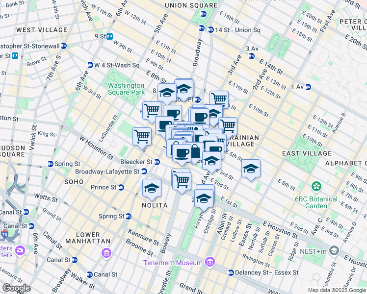 map of restaurants, bars, coffee shops, grocery stores, and more near 348 Bowery in New York