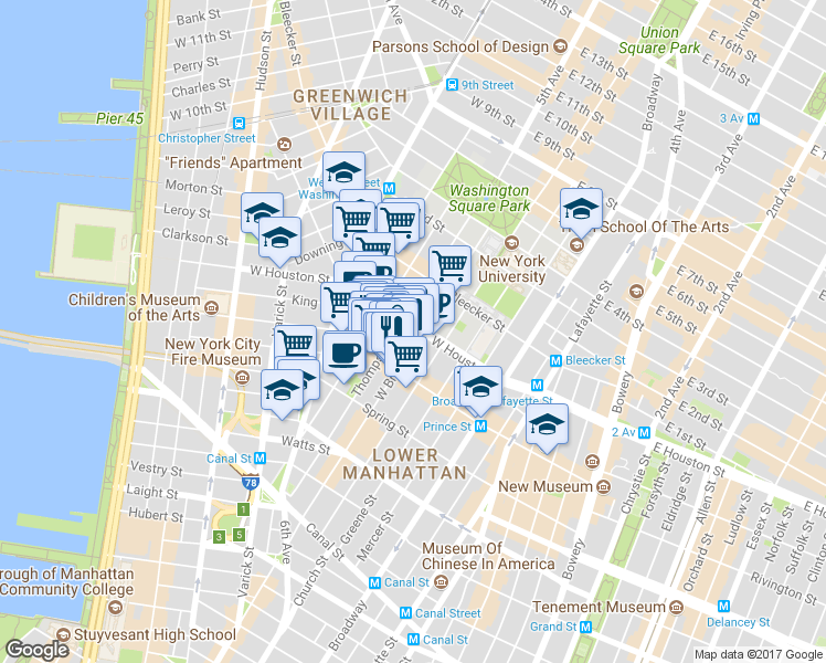 map of restaurants, bars, coffee shops, grocery stores, and more near 155-159 Sullivan Street in New York