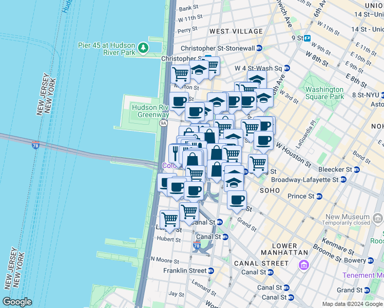 map of restaurants, bars, coffee shops, grocery stores, and more near 92 Vandam Street in New York