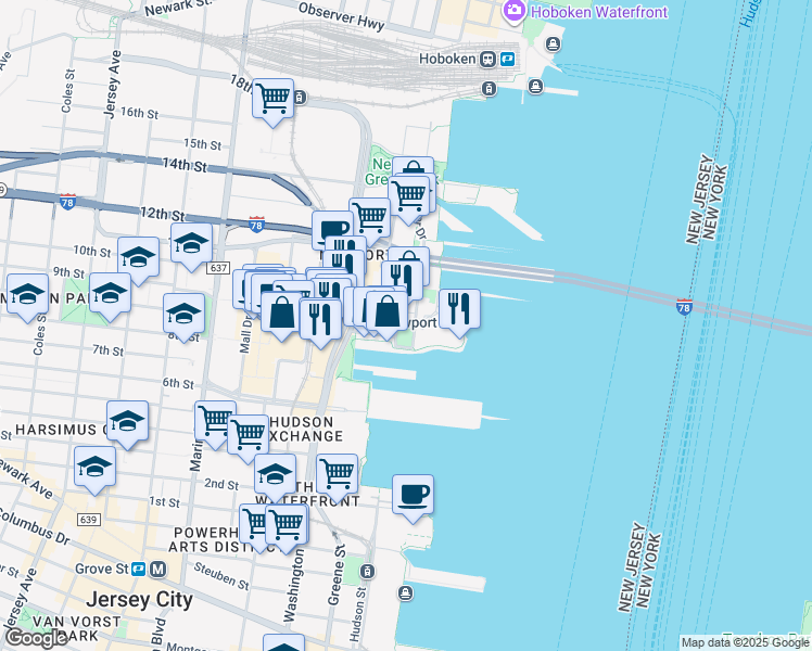 map of restaurants, bars, coffee shops, grocery stores, and more near 4 Town Square Place in Jersey City