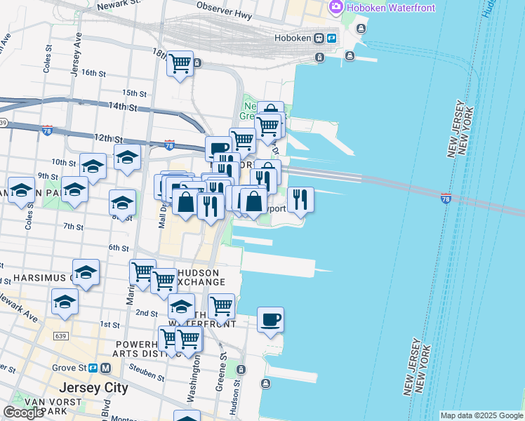 map of restaurants, bars, coffee shops, grocery stores, and more near 4 Town Square Place in Jersey City