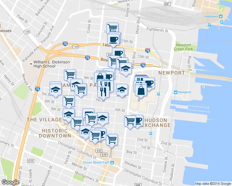 map of restaurants, bars, coffee shops, grocery stores, and more near in Jersey City