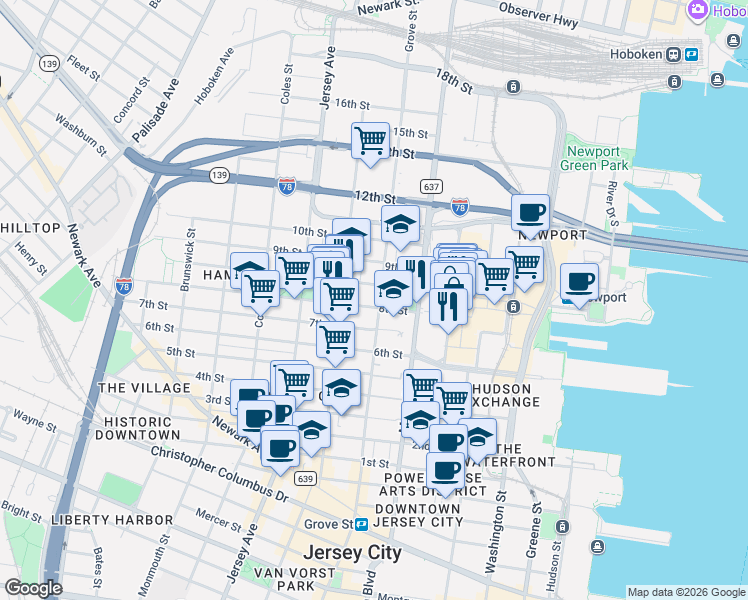 map of restaurants, bars, coffee shops, grocery stores, and more near in Jersey City