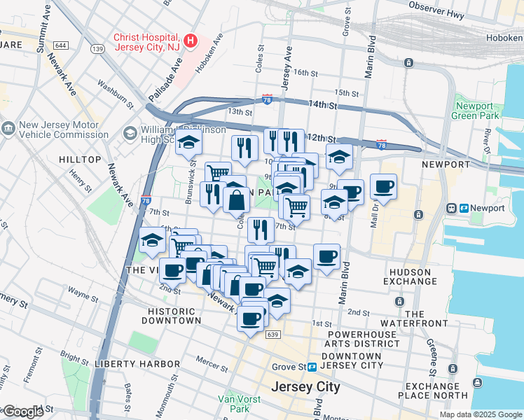 map of restaurants, bars, coffee shops, grocery stores, and more near 285 8th Street in Jersey City