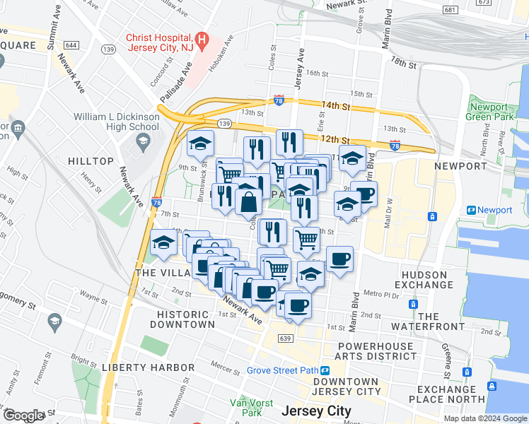 map of restaurants, bars, coffee shops, grocery stores, and more near 285 8th Street in Jersey City