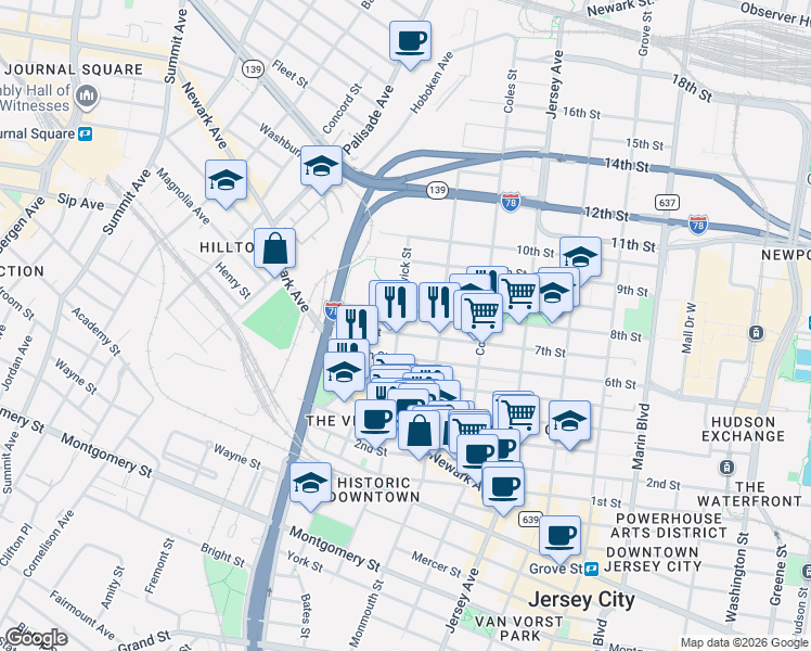 map of restaurants, bars, coffee shops, grocery stores, and more near 189 Brunswick Street in Jersey City