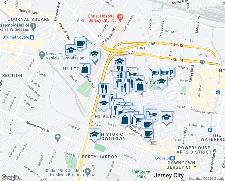 map of restaurants, bars, coffee shops, grocery stores, and more near 189 Brunswick Street in Jersey City