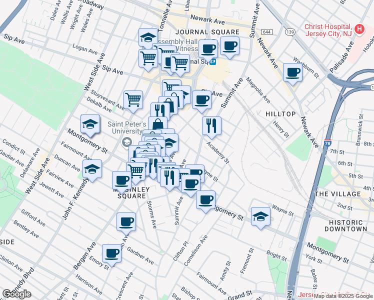 map of restaurants, bars, coffee shops, grocery stores, and more near 75 Jordan Avenue in Jersey City