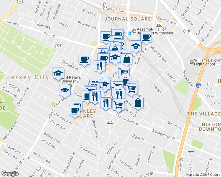 map of restaurants, bars, coffee shops, grocery stores, and more near 75 Jordan Avenue in Jersey City