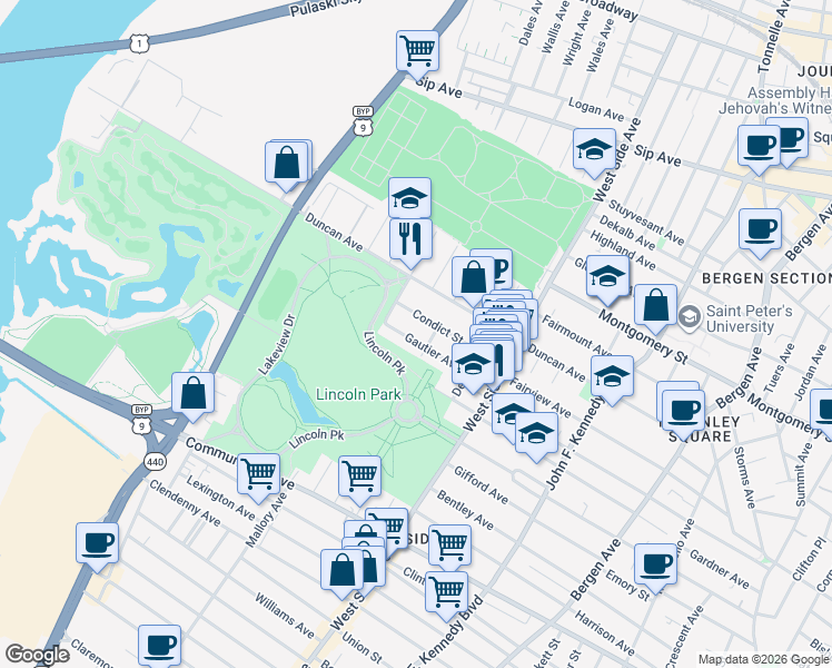 map of restaurants, bars, coffee shops, grocery stores, and more near 63 Gautier Avenue in Jersey City