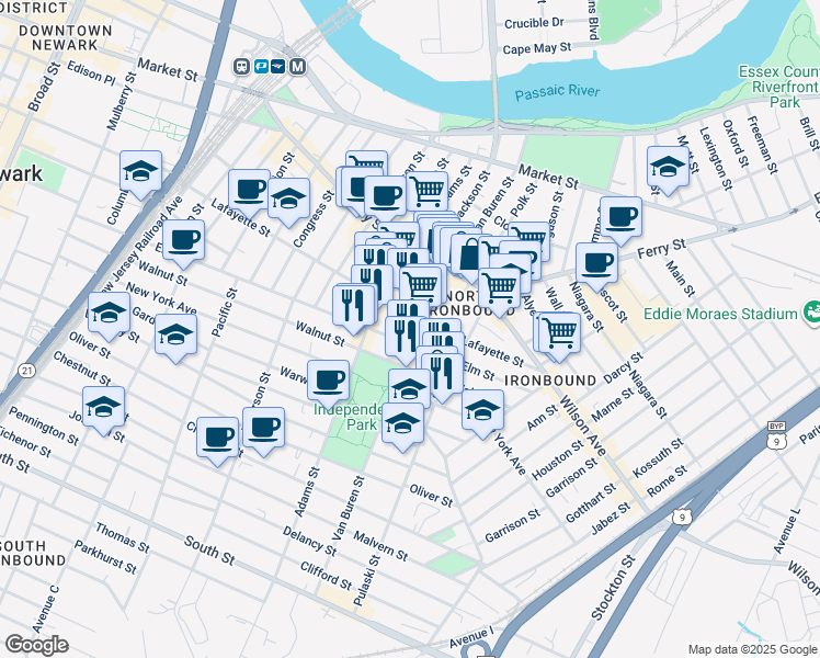 map of restaurants, bars, coffee shops, grocery stores, and more near 280 Elm Street in Newark