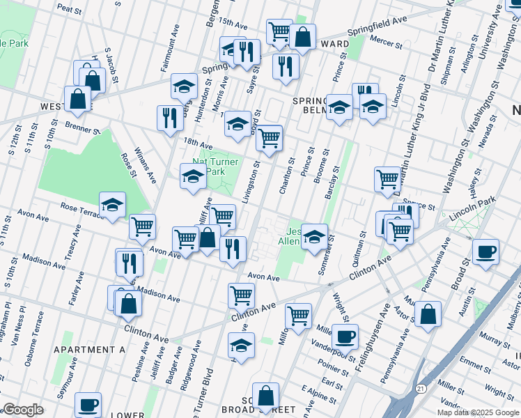 map of restaurants, bars, coffee shops, grocery stores, and more near 241 Irvine Turner Boulevard in Newark