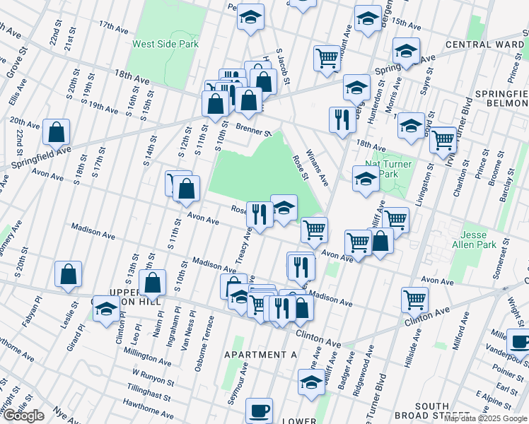 map of restaurants, bars, coffee shops, grocery stores, and more near 56 Rose Terrace in Newark