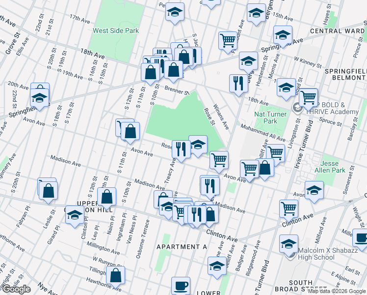 map of restaurants, bars, coffee shops, grocery stores, and more near 56 Rose Terrace in Newark