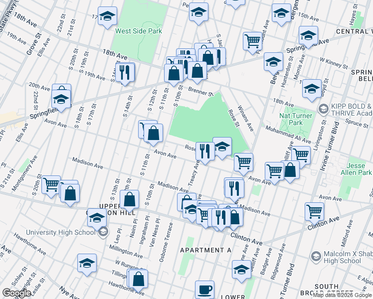 map of restaurants, bars, coffee shops, grocery stores, and more near 297 Avon Avenue in Newark