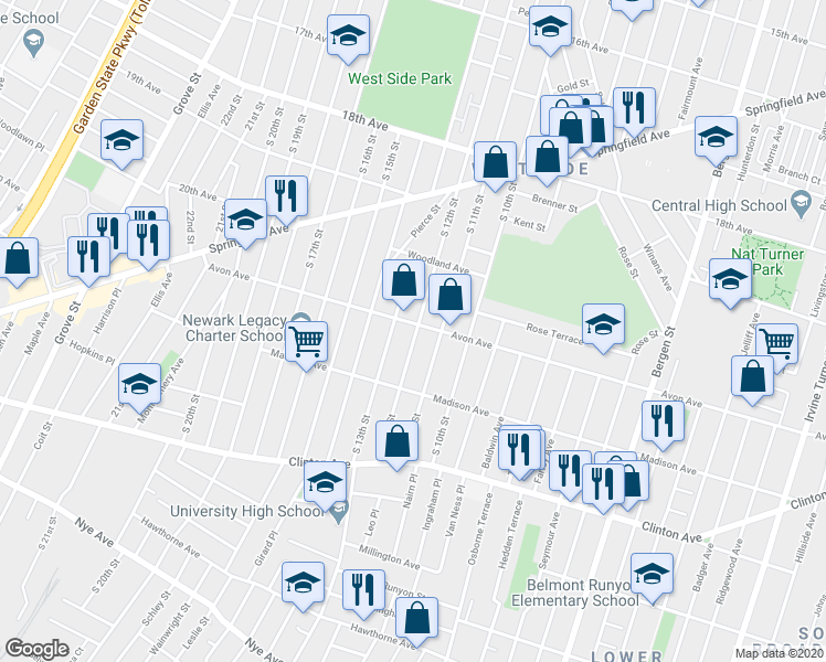 map of restaurants, bars, coffee shops, grocery stores, and more near in Newark
