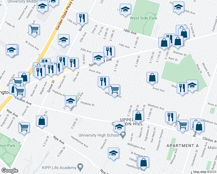 map of restaurants, bars, coffee shops, grocery stores, and more near 823-845 South 16th Street in Newark